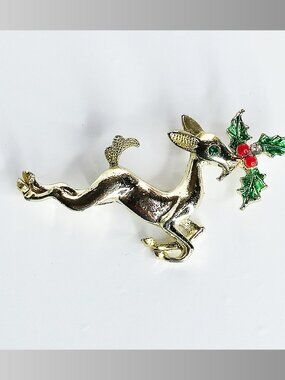 Vintage Christmas Brooch Pin Reindeer Fawn Leaping with Holly